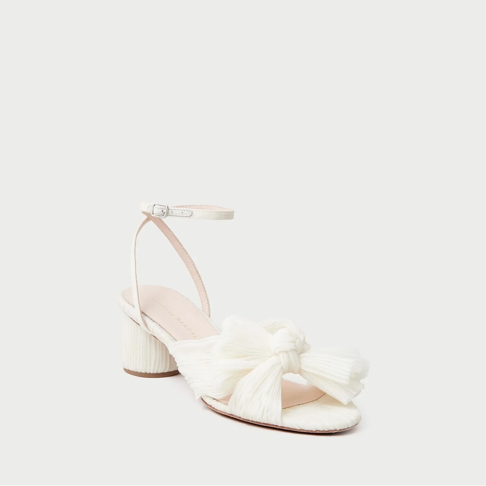 Loeffler Randall Dahlia Pearl Pleated Bow Kitten Heel Sandals